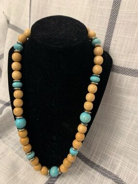 Turquoise and Beige Wooden Beaded Necklace - Women Jewelry